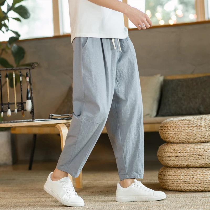 Men's Casual Loose Fit Cotton Trousers - Breathable Drawstring Pants - Various Colors