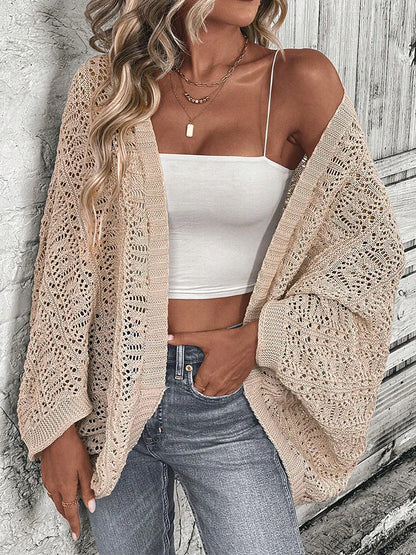 Elegant Front-Open Knit Cardigan - 100% Solid Color Polyester Camisole