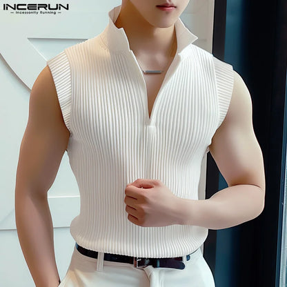 Men's Slim Fit Sleeveless Zip-Up High Collar Tank Top