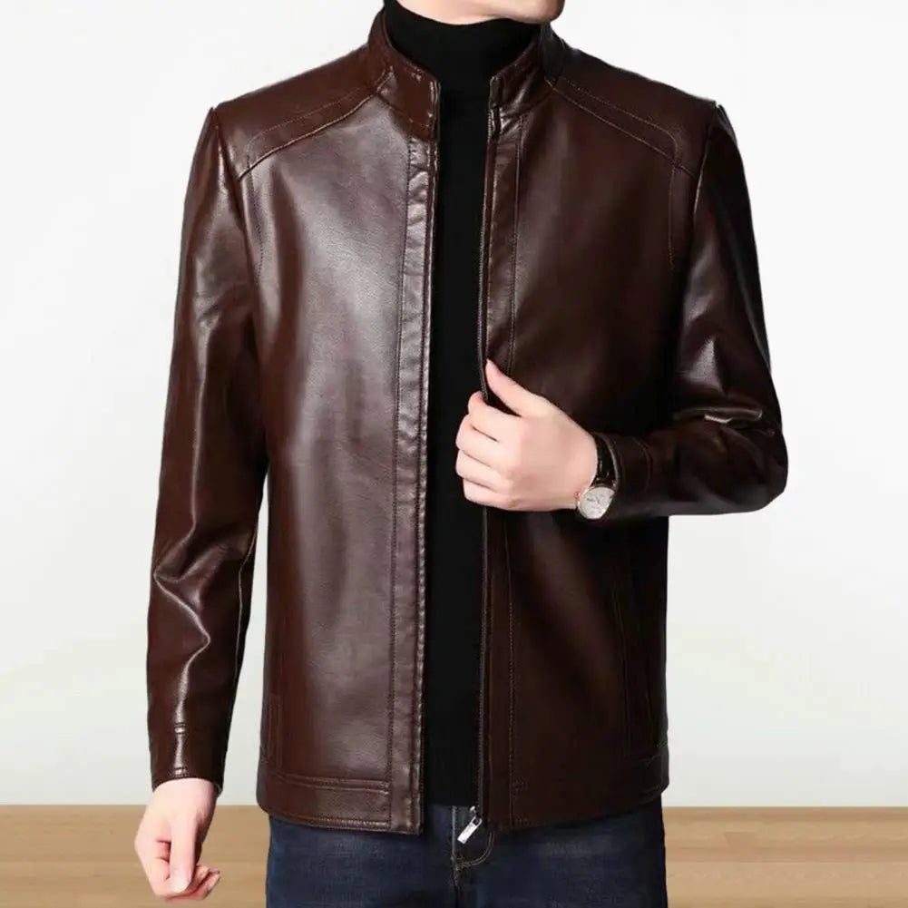 Men's Faux Leather Jacket with Stand Collar and Thick Warm Lining