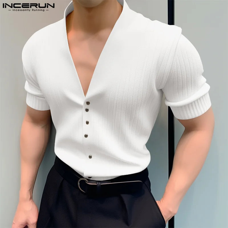 INCERUN Men's Short Sleeve Button-Up V-Neck Shirt