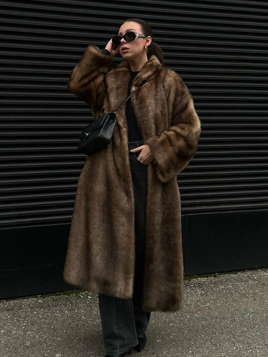 Women's Long Plush Faux Fur Coat with Lapel