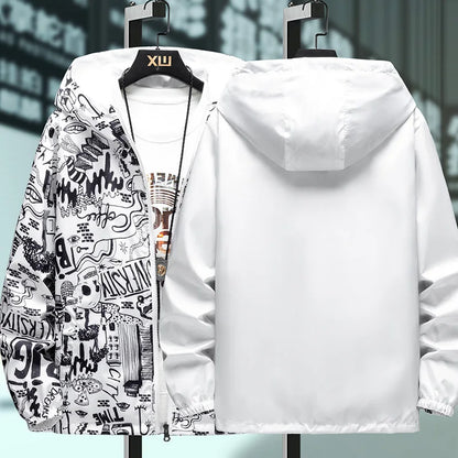 Men's Reversible Graffiti Print Hooded Jacket