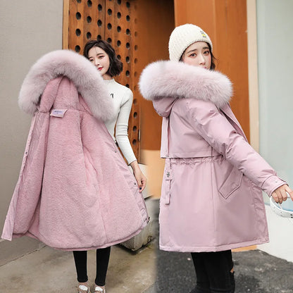 Women's Long Hooded Parka Coat with Wool Lining and Fur Collar - Various Colors