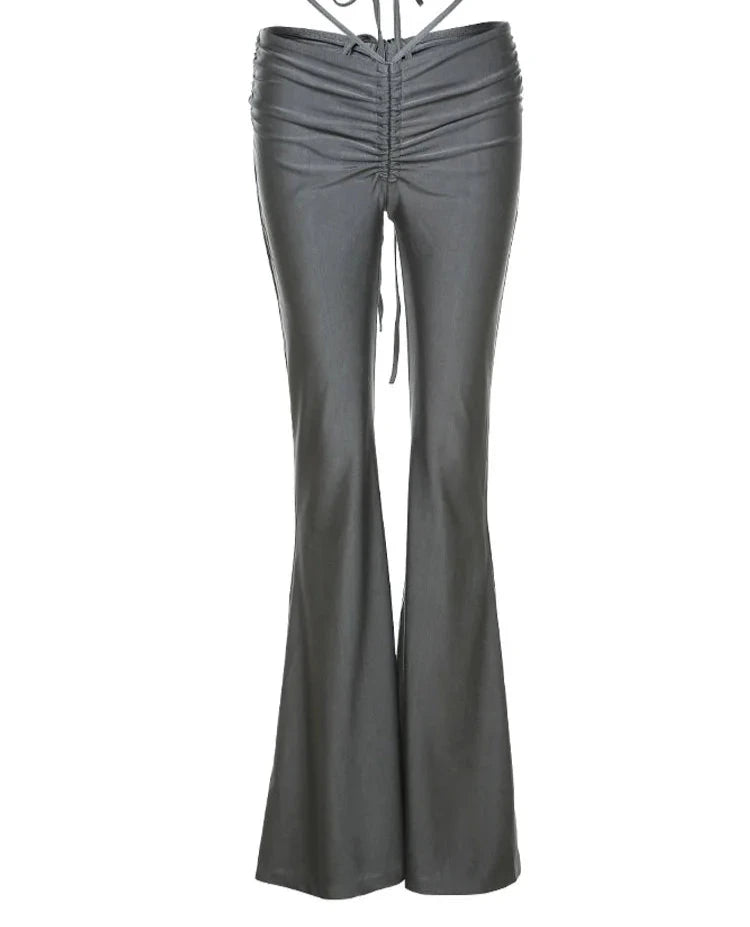 Women’s Casual Drawstring Low Waist Flare Pants with Ruched Detail