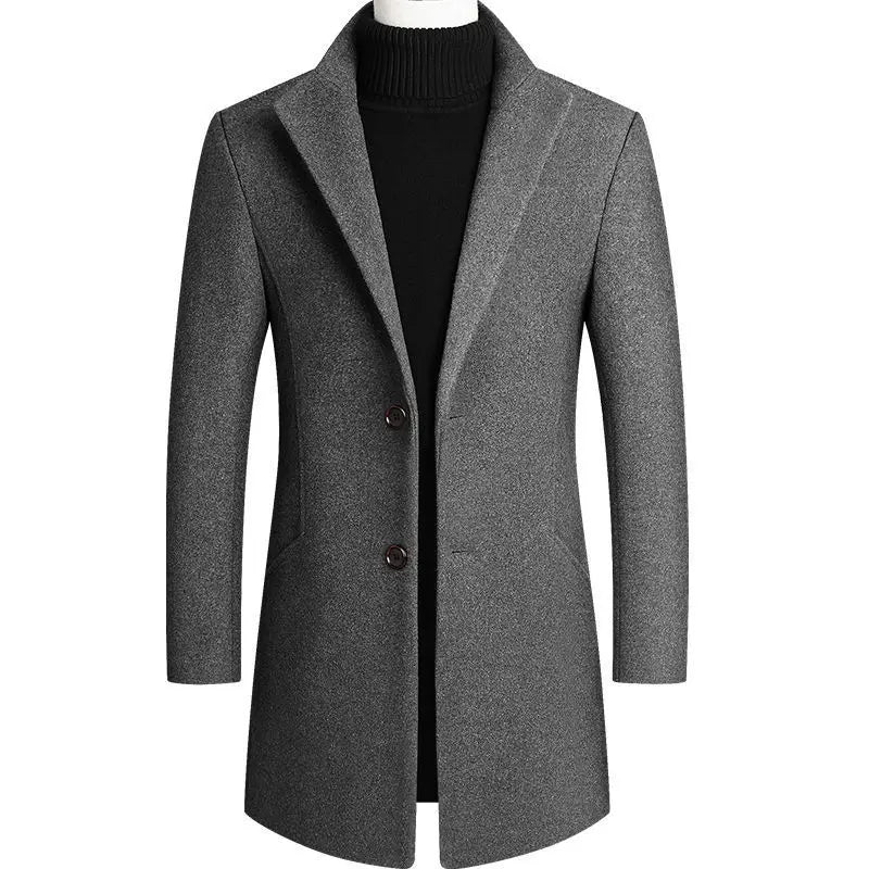 Slim Fit Woolen Windbreaker Long Coat for Men