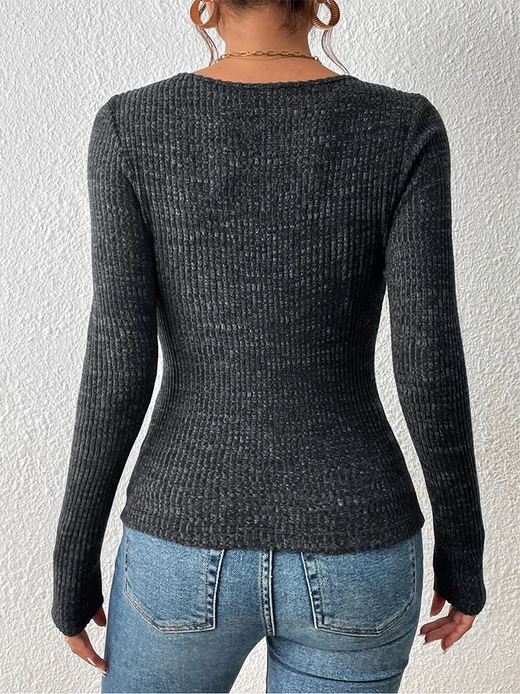 Vintage-Inspired Women's Square Neck Knit Top - Casual Slim-Fit Solid Knitwear