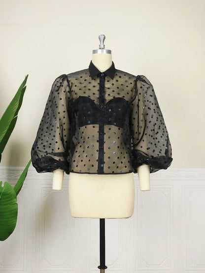 Womens Tulle Blouse - Polka Dots Print Button