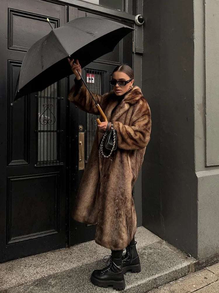 Women's Long Plush Faux Fur Coat with Lapel