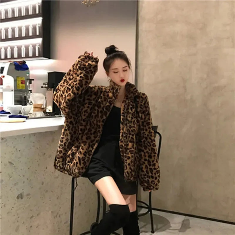 Women's Leopard Print Faux Fur Parka Coat