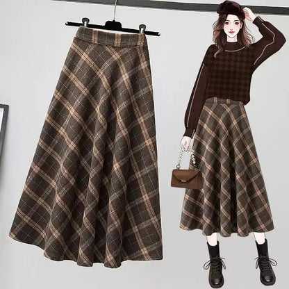 Korean-Inspired Thick Woolen High-Waist Plaid Pleated Long Skirt for Women