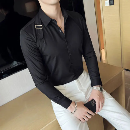 Strap-Detail Long Sleeve Slim Fit Casual Shirt