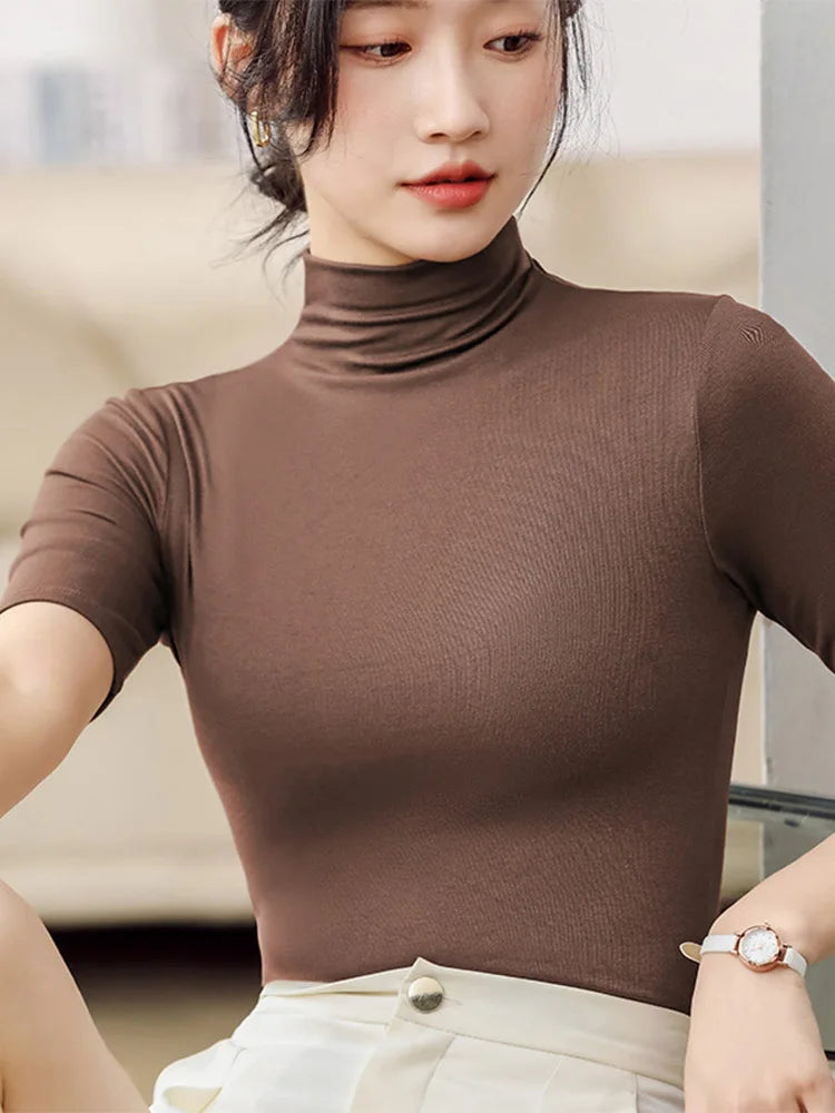 Slim-Fit Women's Cotton Turtleneck - Short Sleeve