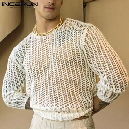 INCERUN Men's Mesh Long Sleeve Transparent Sweater