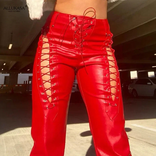 High Waist Hollow Out Faux Leather Pants for Women - Various Colors