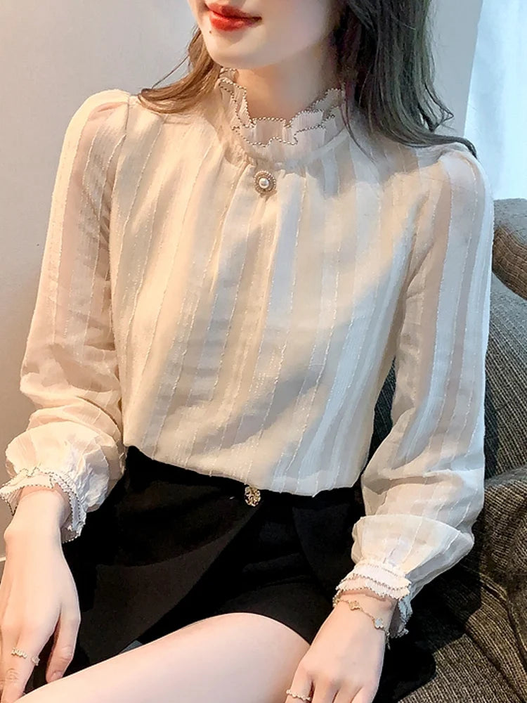 Elegant Women's Long Sleeve Chiffon Blouse Shirt