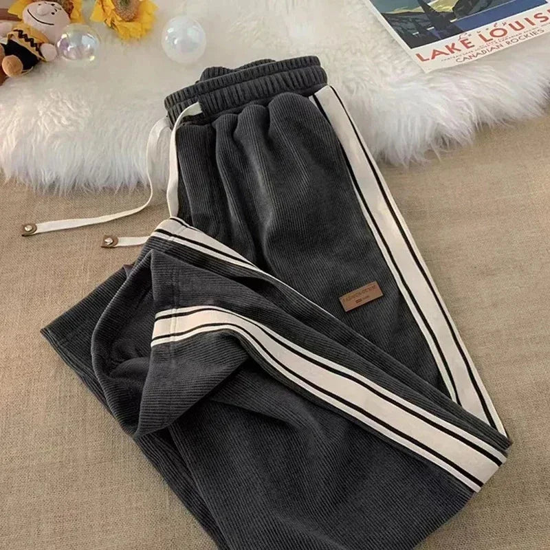 All Striped Women's Corduroy Joggers - Thick High Waist Drawstring Wide Leg Fit