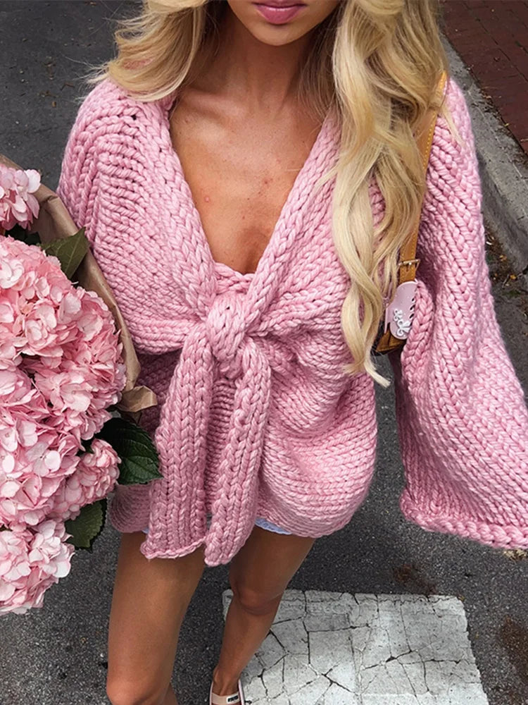 Women's Oversized Knit Long Sleeve Cardigan with Bow and Lace-Up Detail