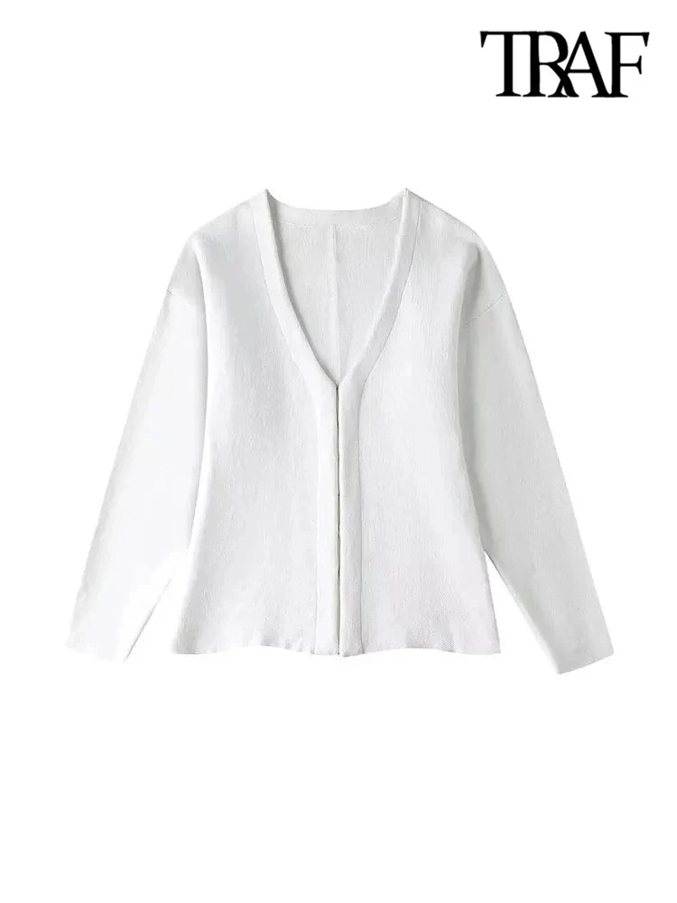 Women's V-Neck Fitted Knit Cardigan with Front Hook, Long Sleeves, and Side Split Hem