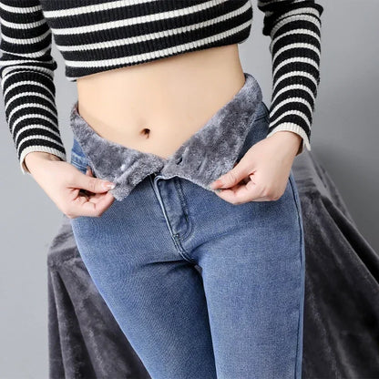 High-Waisted Thick Velvet Skinny Jeans for Women - Warm Fleece Slim Fit