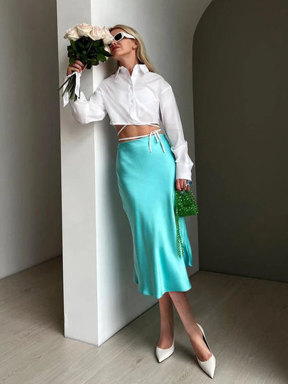 Elegant High-Waisted Long Faux Silk Skirt for Women - Various Colors