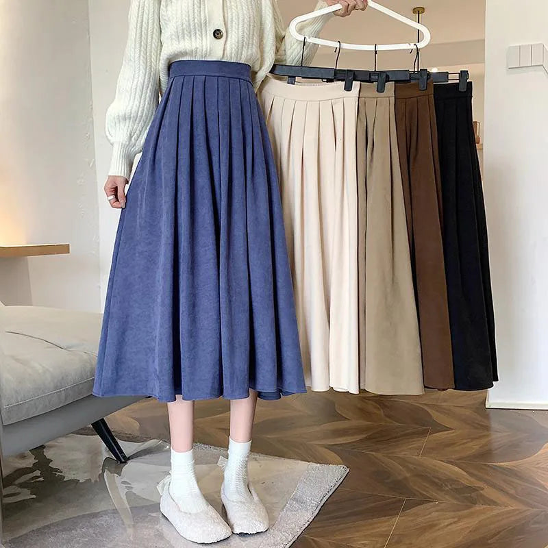 Korean Vintage High-Waisted Pleated Maxi Skirt for Women - Various Colors