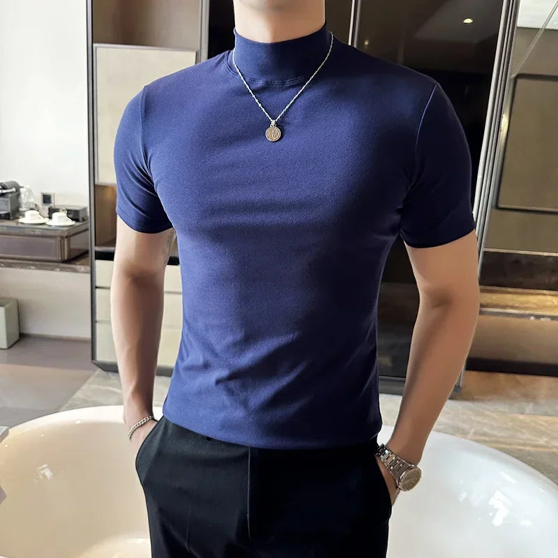 Men's Slim Fit Short Sleeve Turtleneck Cotton T-Shirt - Various Colors