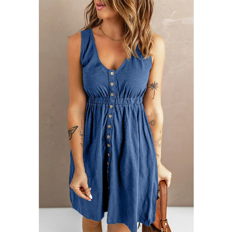 Womens  Sleeveless Buttoned Down Dress - Various Colors