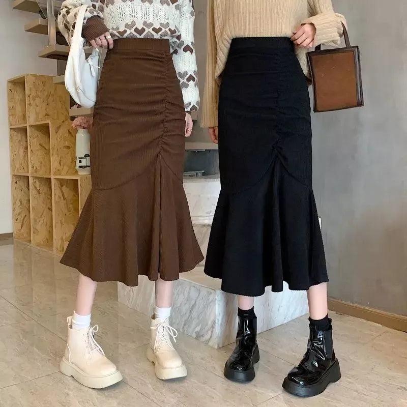 Korean Ruffle High Waist Midi Skirts for Women - Slim Fit & Stylish