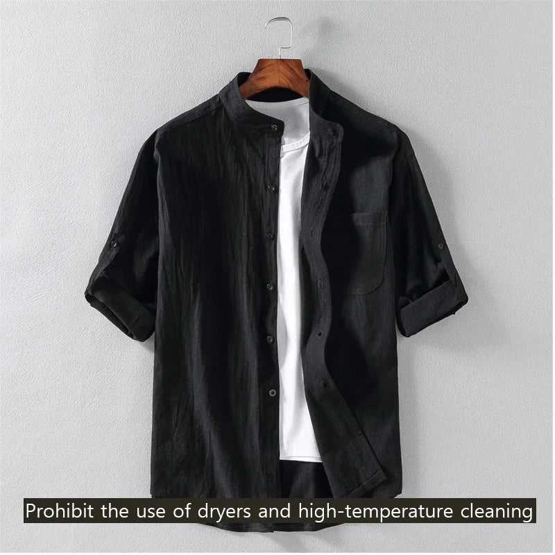 Men's Short-Sleeve Shirt with Stand Collar