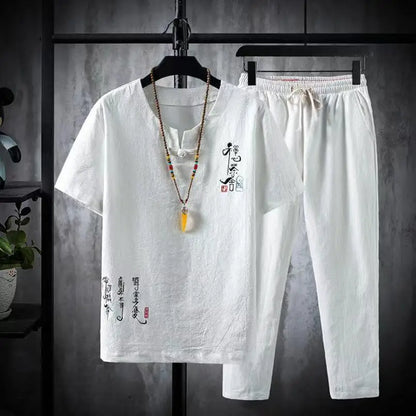 Men's Cotton-Linen Two-Piece T-Shirt and Jogger Pants Set