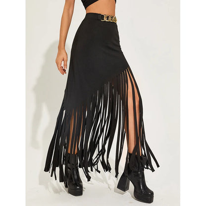 Gothic High Waist Dark Tassel Maxi Skirt with Ring Belt