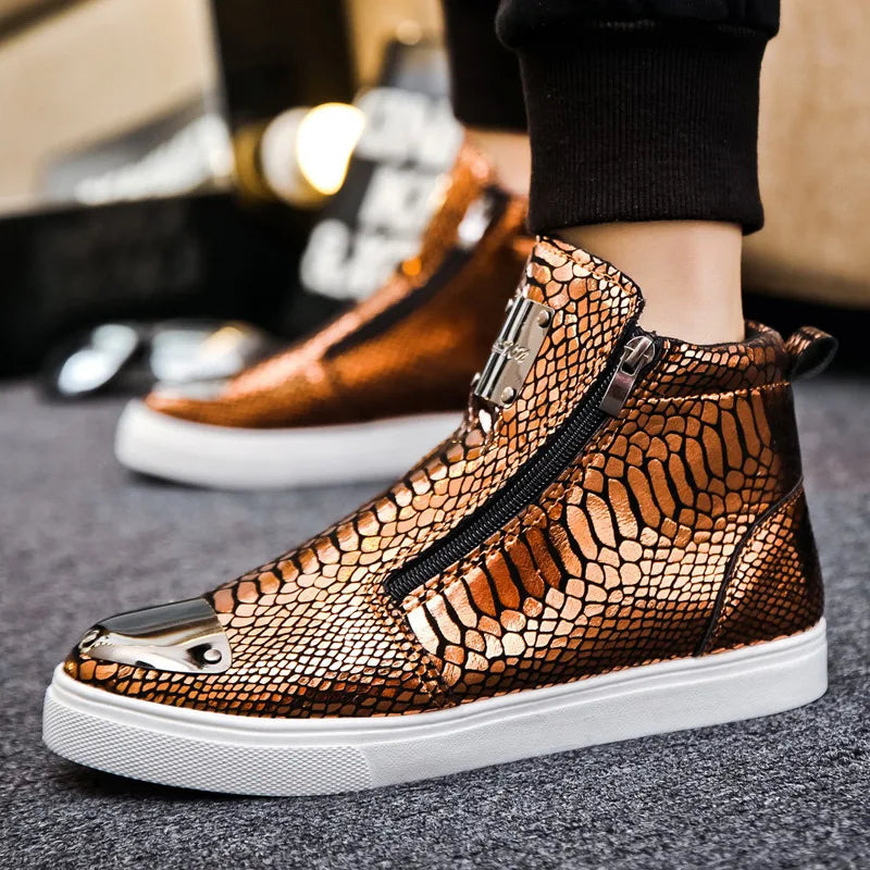 Men's High Top Glitter Faux Leather Sneakers with Zipper