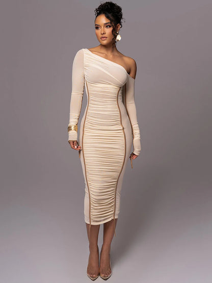 Backless Ruched Midi Dress for Women with Diagonal Collar and Two-Layer Mesh Long Sleeves