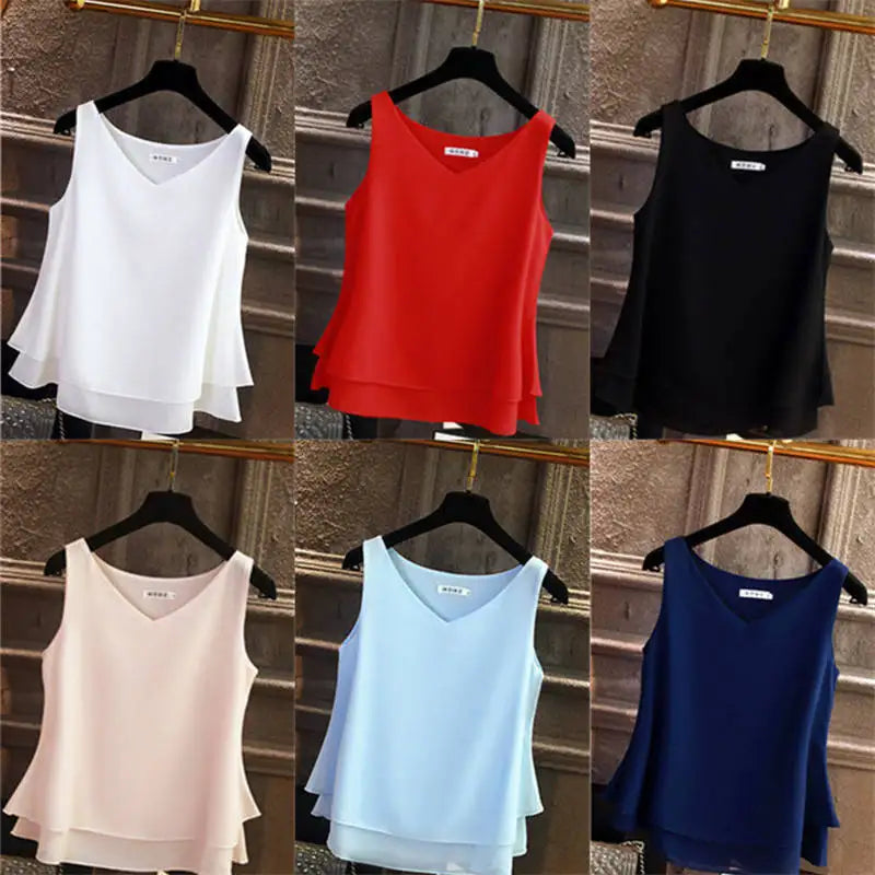 Sleeveless Chiffon V-Neck Blouse for Women - Various Colors