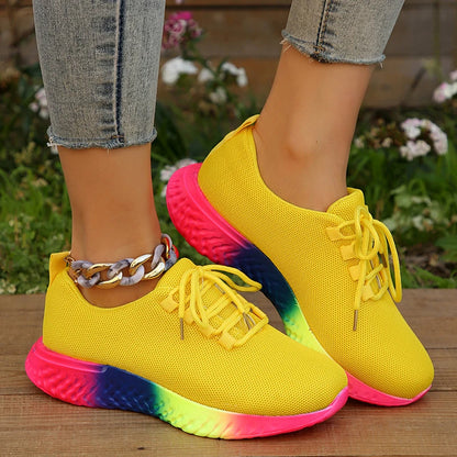 Rainbow Sole Women's Sneakers  - Breathable Mesh Platform Sports Shoes - Non-Slip Lace-Up Design