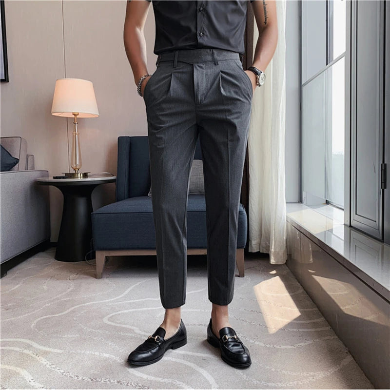 Slim Fit Ankle Trousers for Men - Formal Elastic Pants