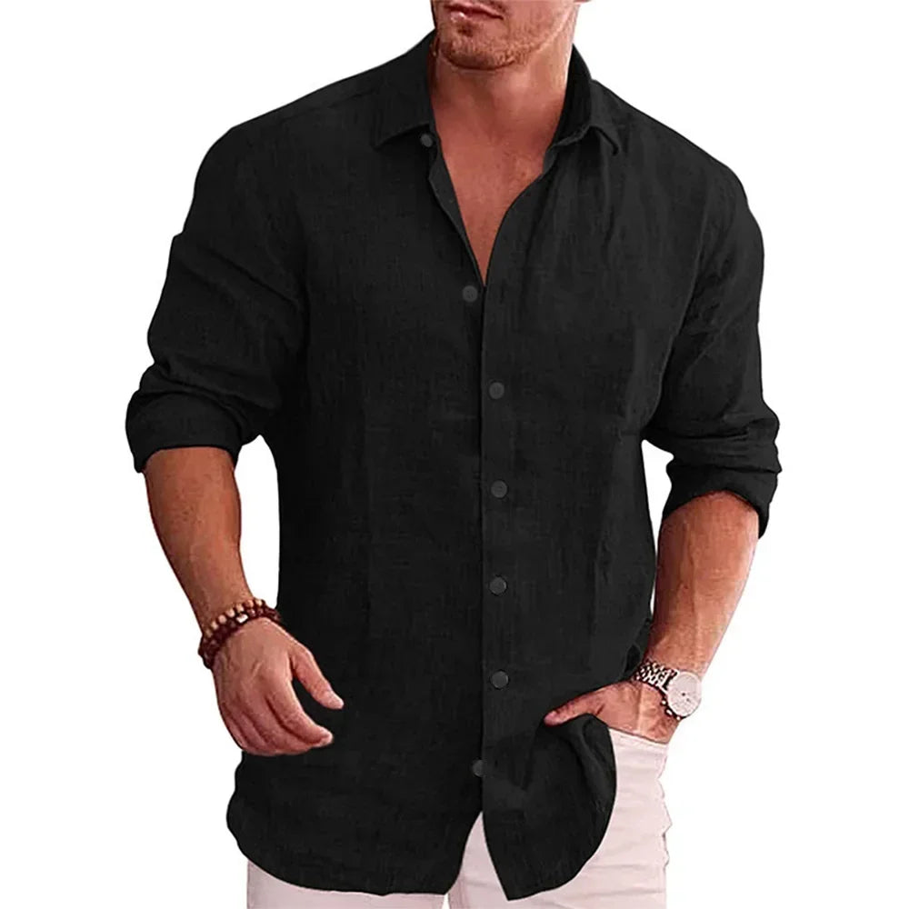 Men's Casual Long-Sleeved Stand-Up Collar Cotton Linen Shirt