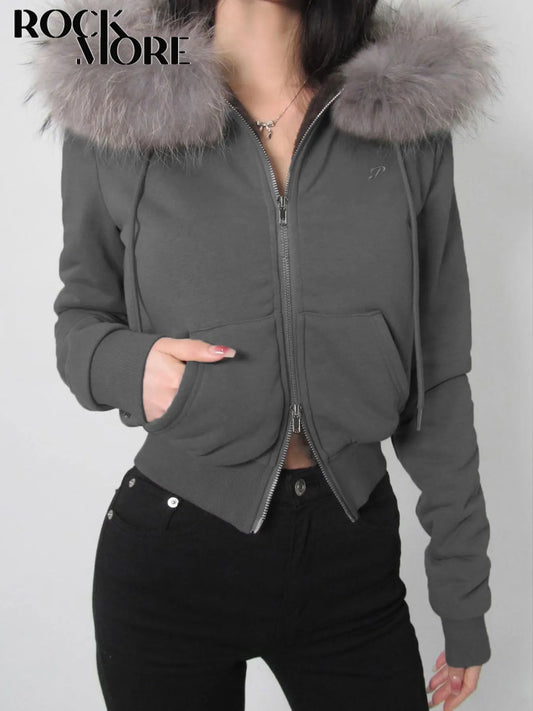 Rockmore Faux Fur Patchwork Hooded Jacket with Letter Embroidery and Zipper 