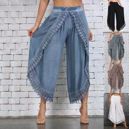 Women's Lace-Trimmed Baggy Harem  Pants - Various Colors