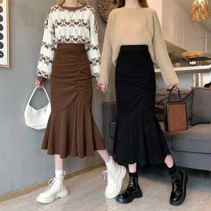 Korean Ruffle High Waist Midi Skirts for Women - Slim Fit & Stylish