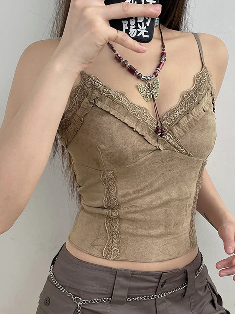 Lace Mini Vest Women's Khaki Spaghetti Strap Crop Top