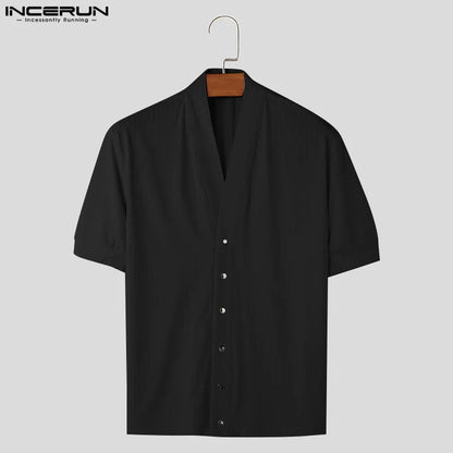 Men's Casual Style INCERUN Striped V-Neck Short Sleeve Shirt