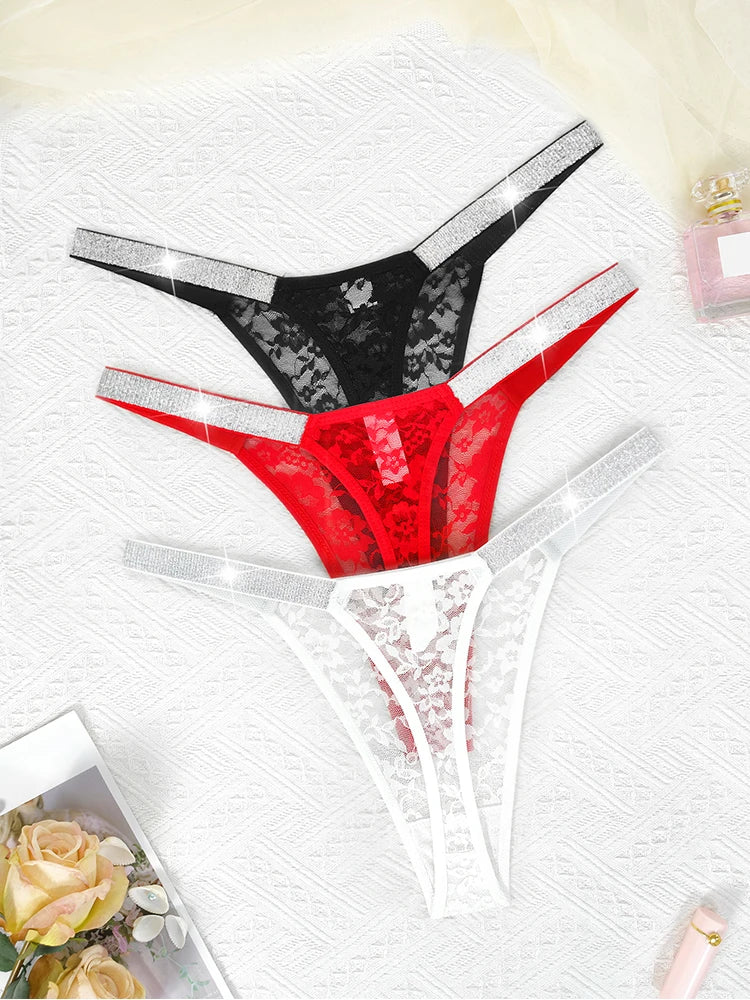 3-Piece Lace Thong Set for Women: Sheer Floral Panties with Low Rise and Shiny Straps