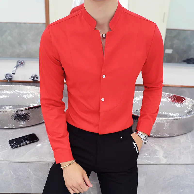 Slim Fit Long Sleeve Stand Collar Shirt for Men - Various Colors