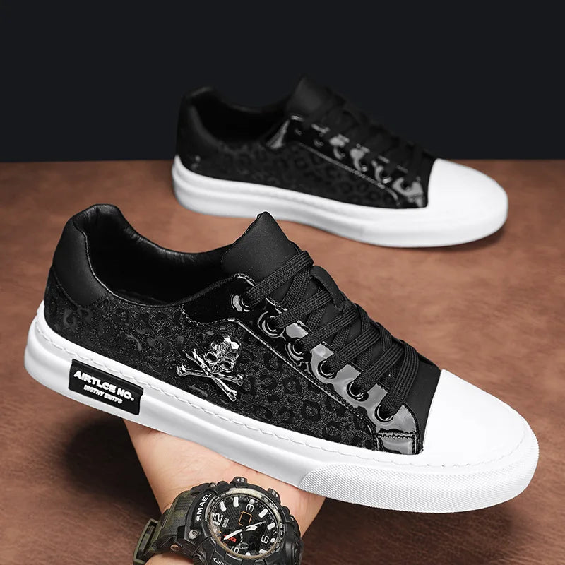 Men's Engraved Skull Designer Lace-Up Flat Sneakers - Various Colors