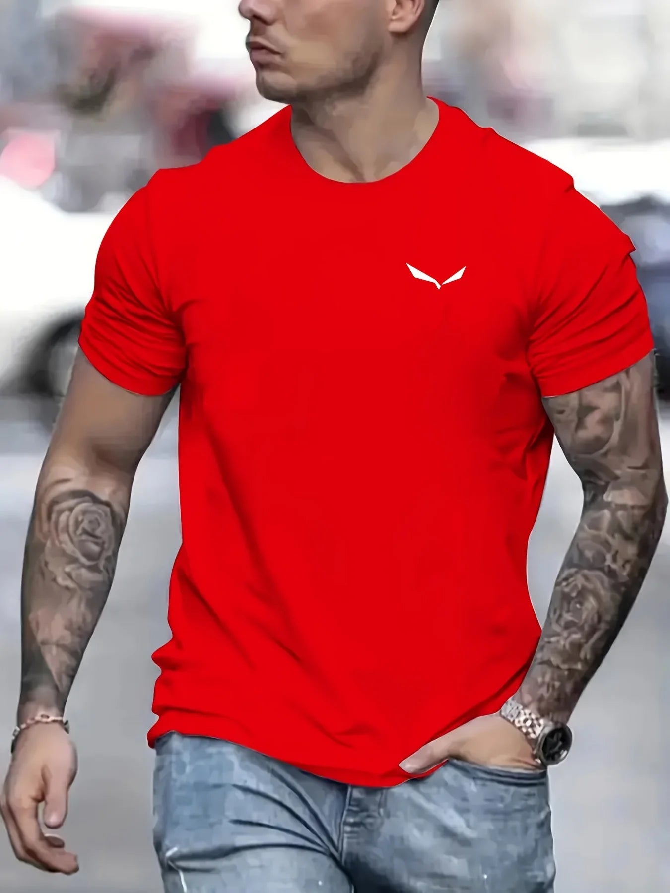 Men's Casual Short Sleeve T-Shirt - Cotton Bird Print, Slim Fit, Loose Size, Round Neck