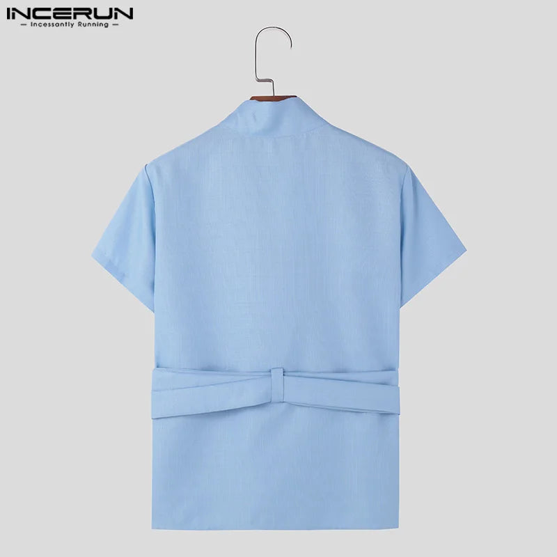 INCERUN Men's V-Neck Short Sleeve Shirt with Waist Strap