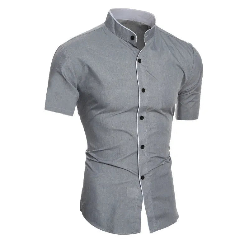 Short-Sleeve Slim Fit Men's Shirt with Stand-Up Collar