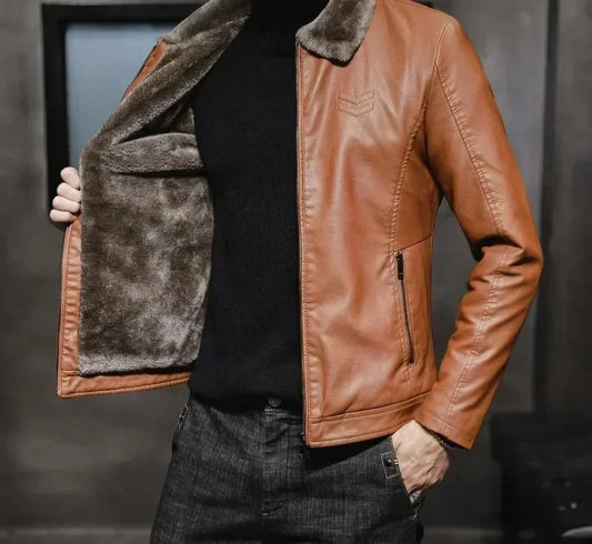 Men's Vintage Faux Leather Jacket with Faux Fur Collar - Various Colors